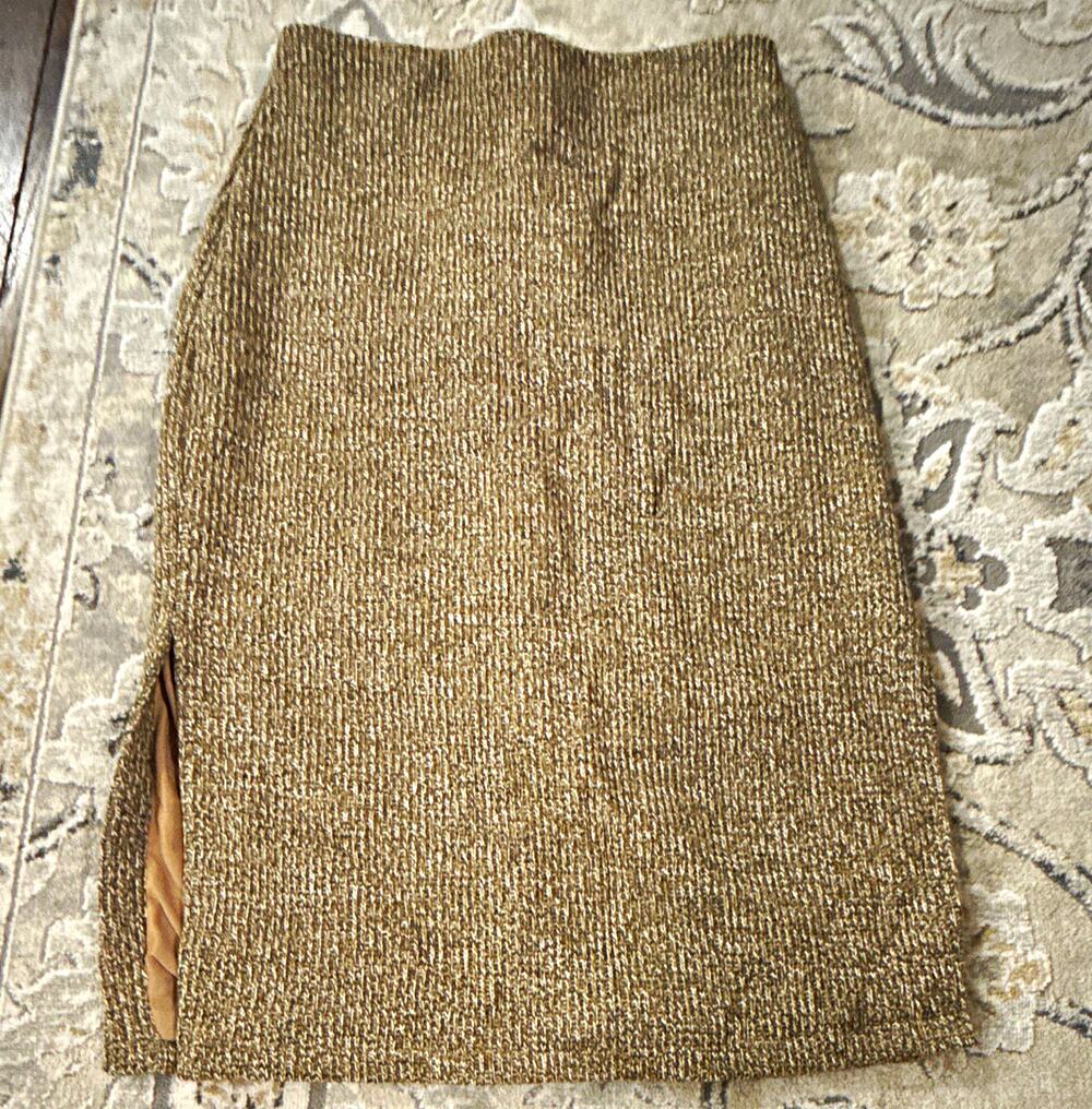 OGL Women’s Beige/Brown Knit Straight Pencil Knee Skirt Lined Zip Slits Sz M